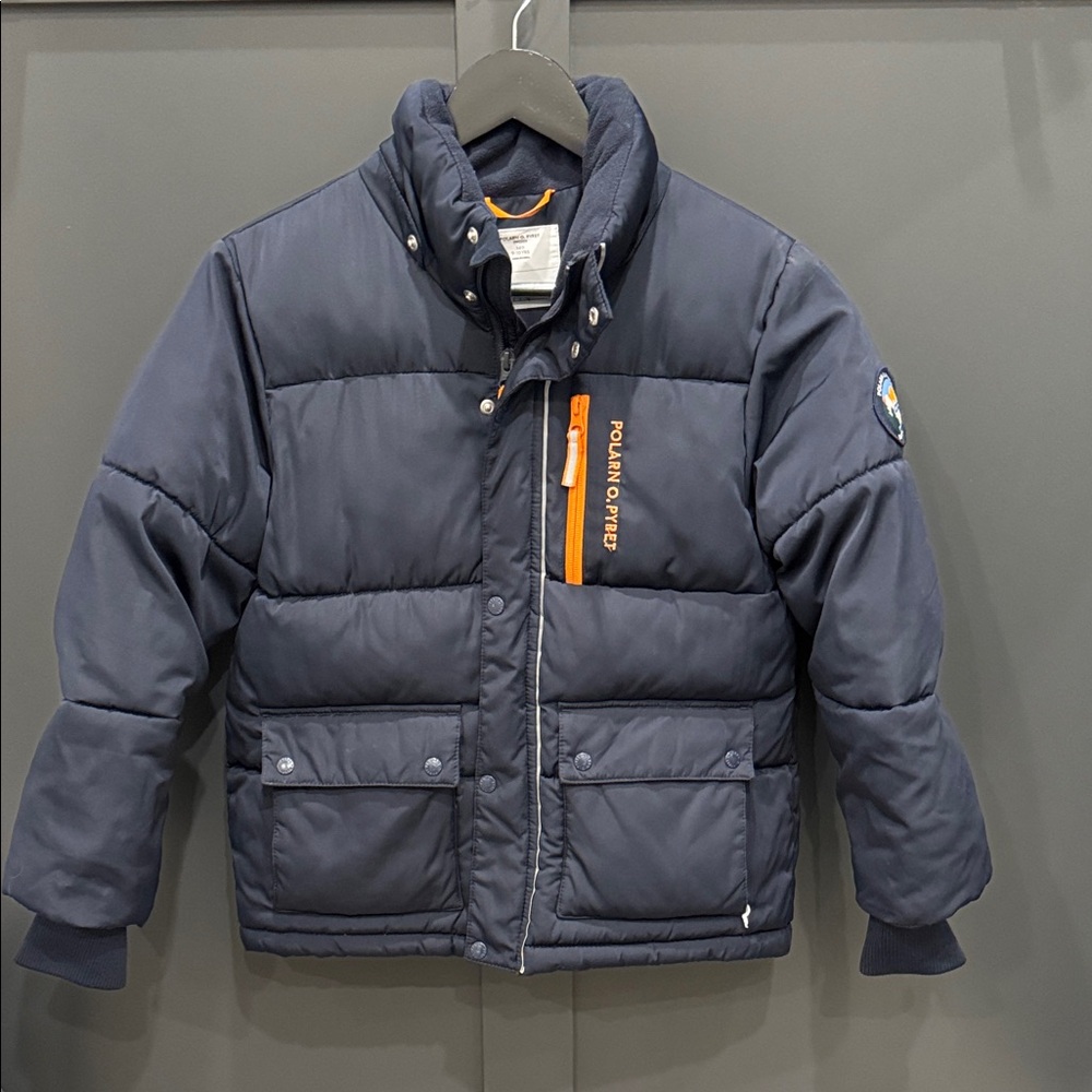 Polarn O. Pyret Navy Puffer Jacket with Orange Accents